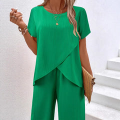 Ribbed Knit Asymmetrical Hem Top and Wide Leg Pants 2 Piece Set