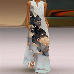 3D Butterfly Print V-Neck Sleeveless Loose A-Line Maxi Dress