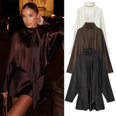 Solid Tie Scarf Collar Pleated Long Sleeve Satin Mini Dress