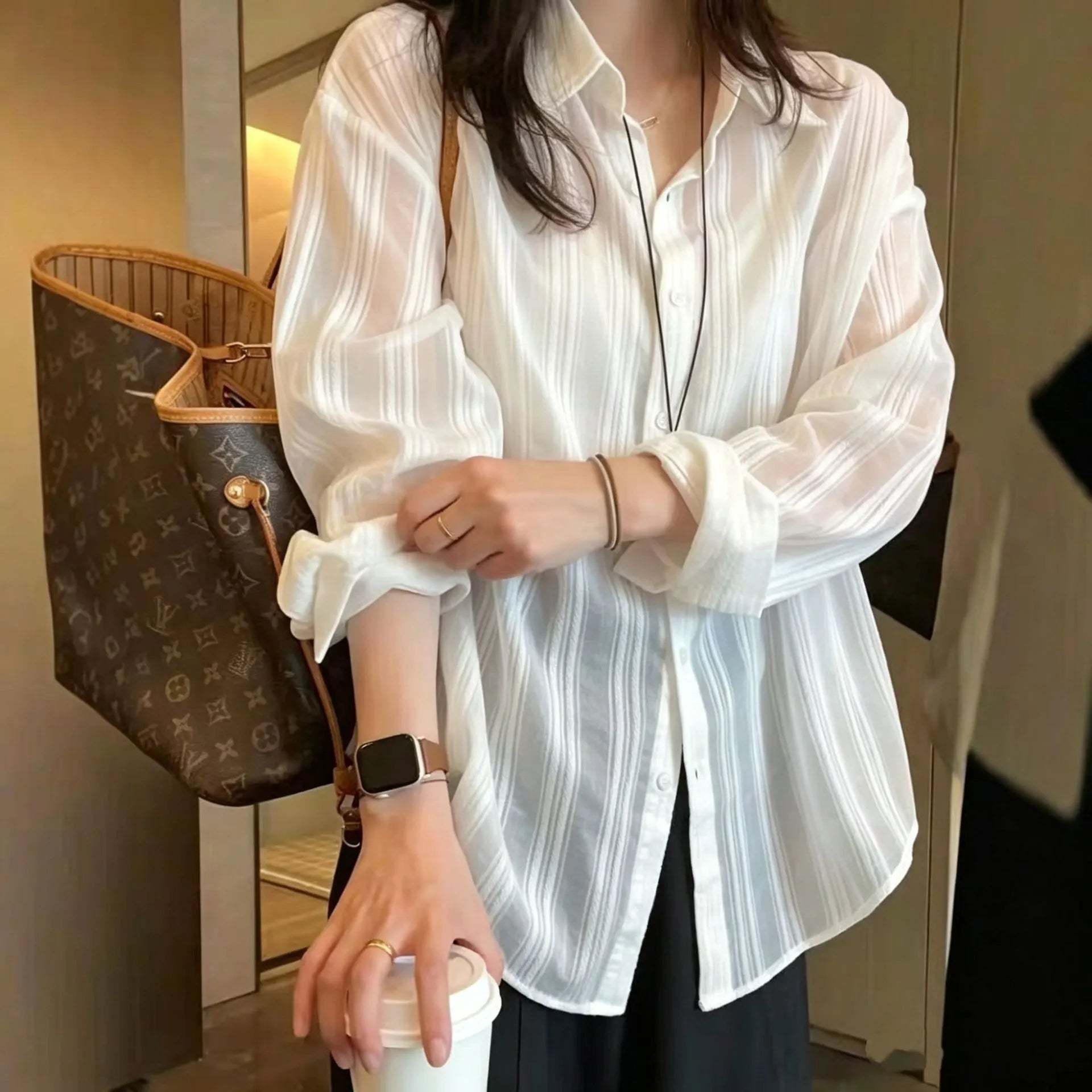 Striped Textured Oversized Button Down Shirt