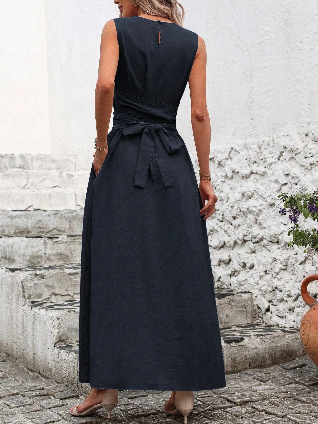 Sleeveless Round Neck Self Tie Waist Midi Dress