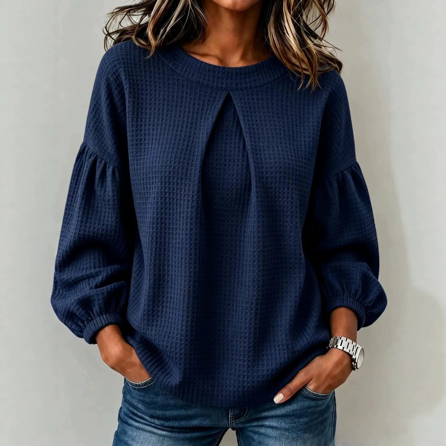 Waffle Knit Round Neck Blouse Pleated Front Balloon Long Sleeve Loose Casual Top