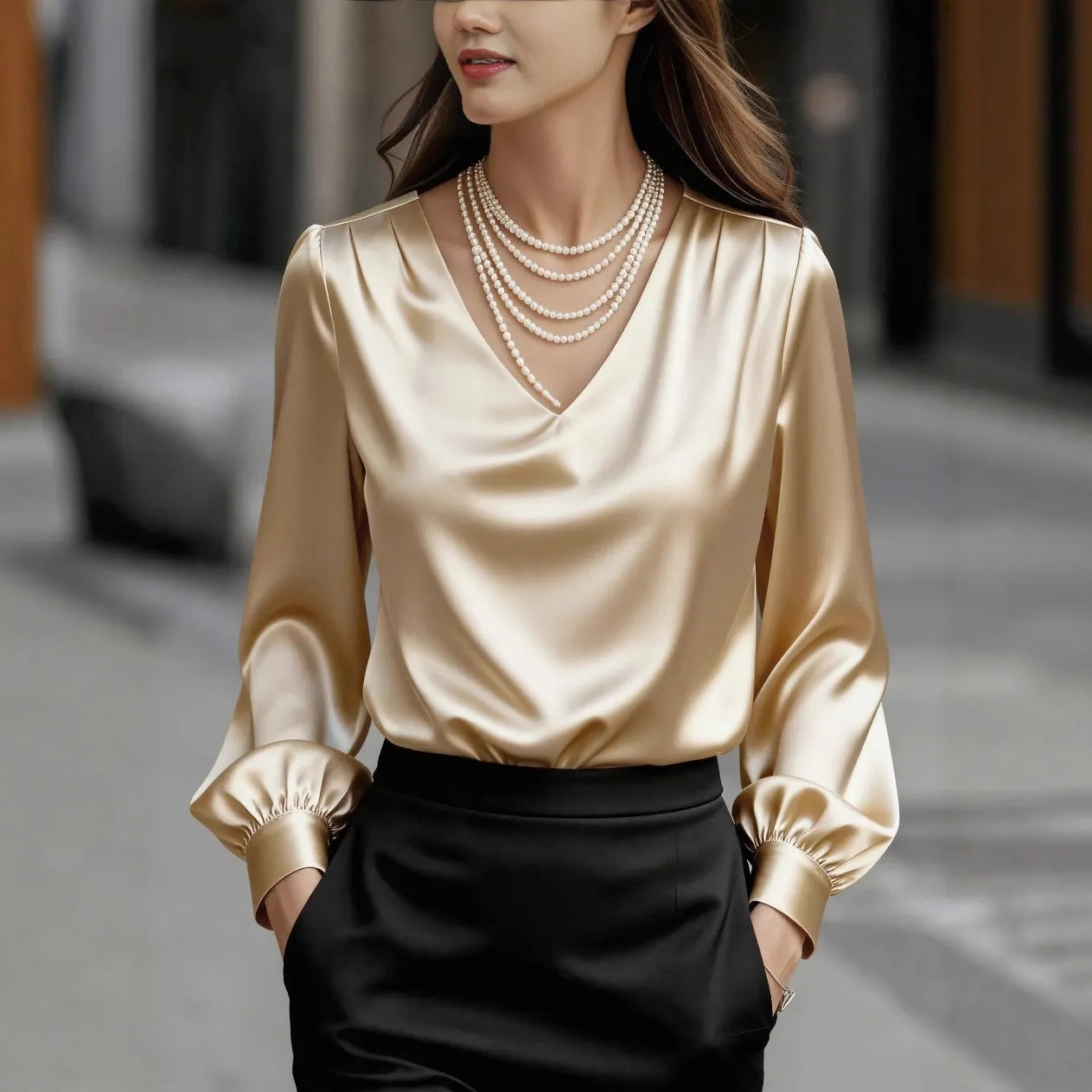 Solid V-Neck Long Puff Sleeve Elegant Blouse