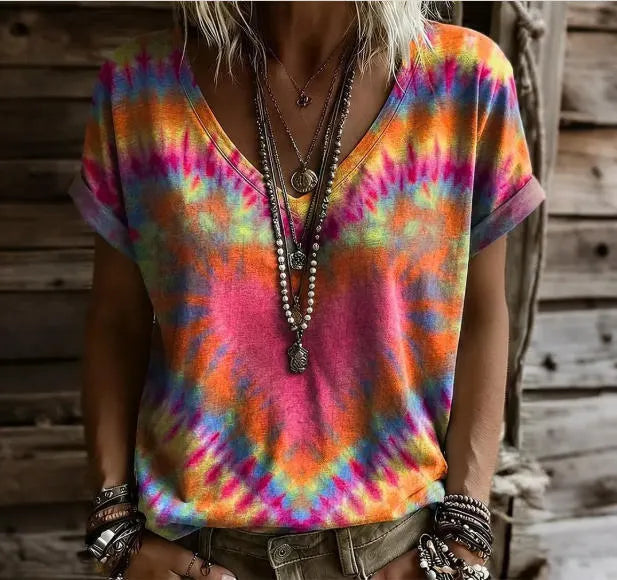 3D Color Block Print V Neck Rolled Short Sleeve Casual Tee