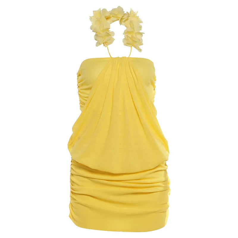 Floral Halter Ruched Bodycon Mini Dress