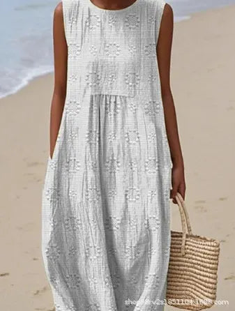 Round Neck Sleeveless 3D Floral Print Loose A-Line Midi Dress
