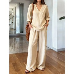 Solid V-Neck Long Sleeve Top & Wide Leg Pants Two-Piece Set