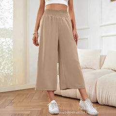 High Waist Smocked Waistband Wide Leg Cropped Pants