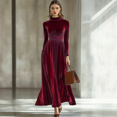 Velvet High Neck Ruched Waist Long Sleeve Maxi Dress Elegant Formal Evening Gown