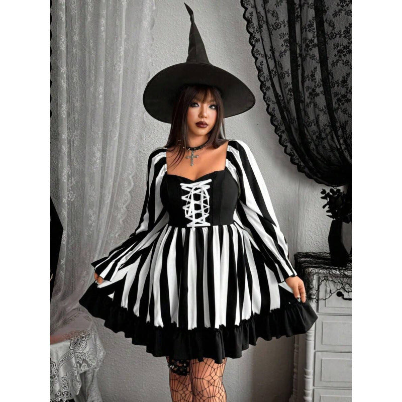 Halloween Beetlejuice Striped Dress, Goth Corset Front Puff Long Sleeve Flared Ruffle Short Dress