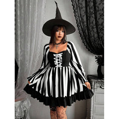 Halloween Beetlejuice Striped Dress, Goth Corset Front Puff Long Sleeve Flared Ruffle Short Dress