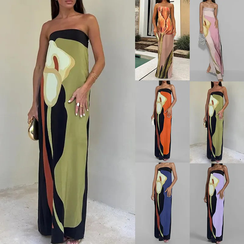 Calla Lily Print Strapless Straight Maxi Dress