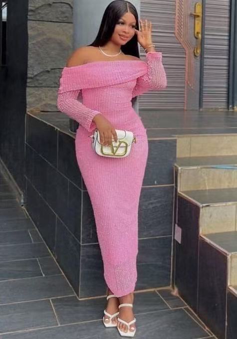 Pink Sequin Off-Shoulder Long Sleeve Midi Dress