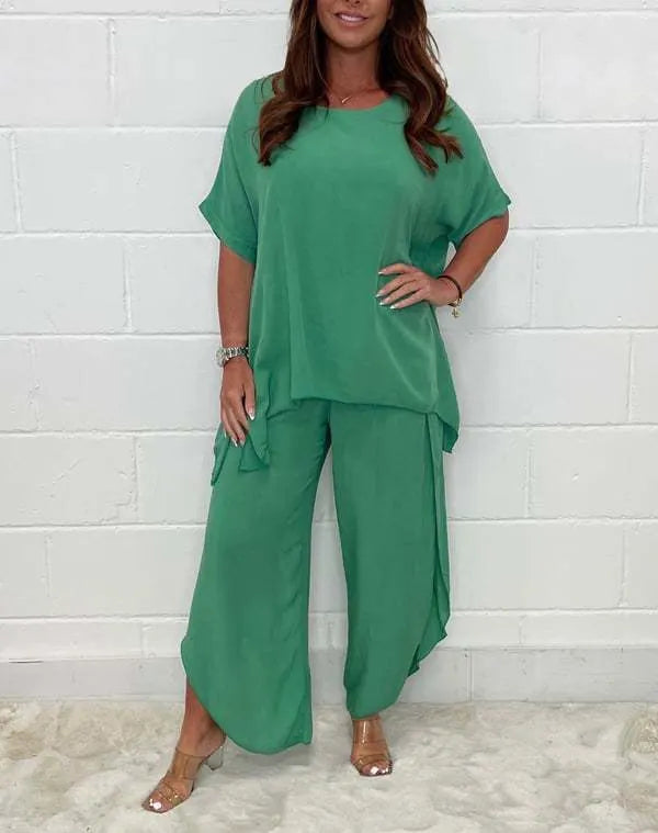 Solid Color Two-Piece Casual Loungewear Set (Top + Wide Leg Pants)