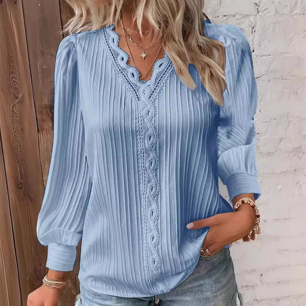 White Lace Trim Blouse, V-Neck Puff Sleeve Textured Long Sleeve Top