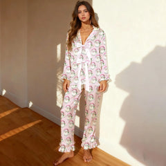 Button Down Ruffle Cuff Long Pants Holiday Loungewear Set