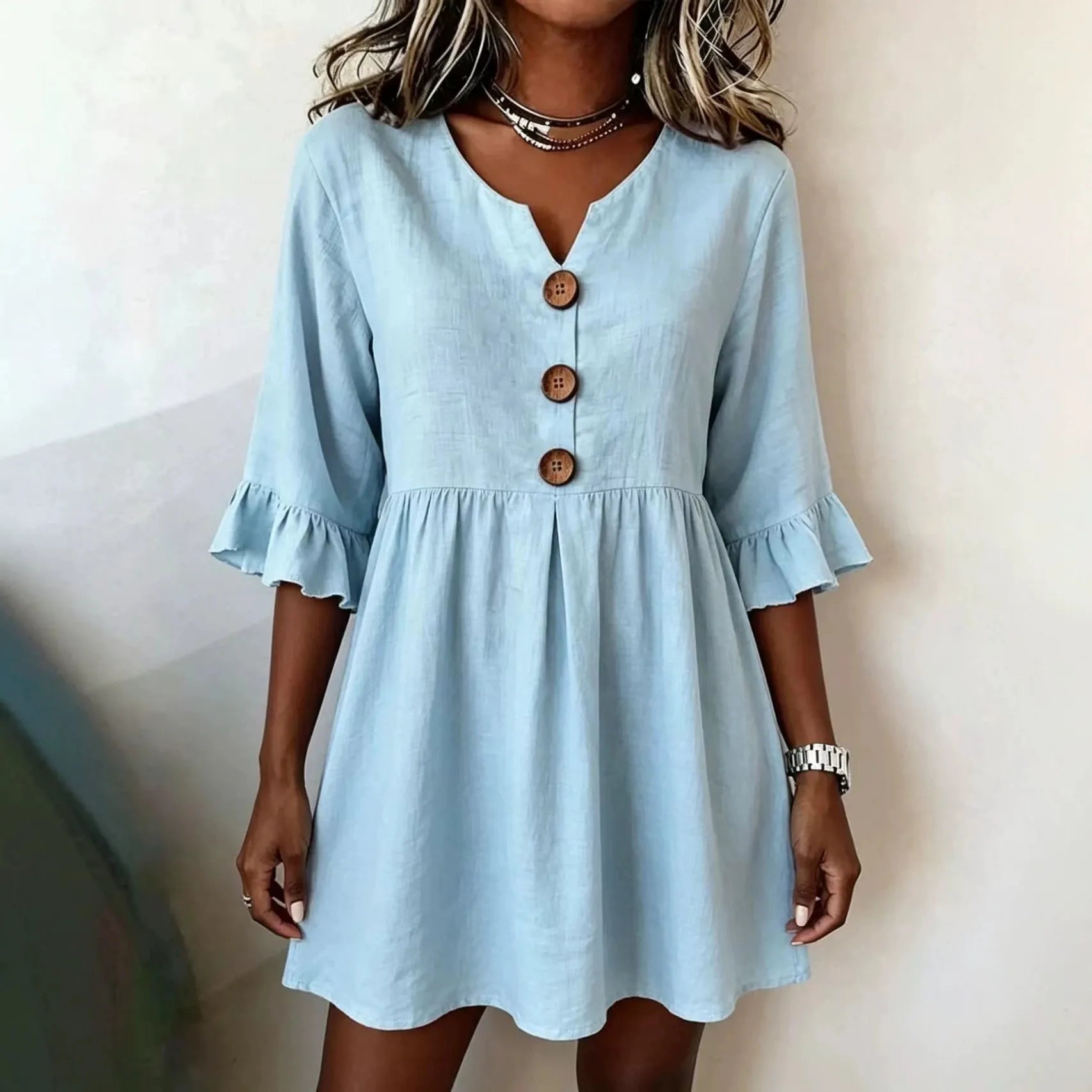 V-Neck Wooden Button Ruffle 3/4 Sleeve Loose Pleated Mini Dress