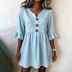 V-Neck Wooden Button Ruffle 3/4 Sleeve Loose Pleated Mini Dress