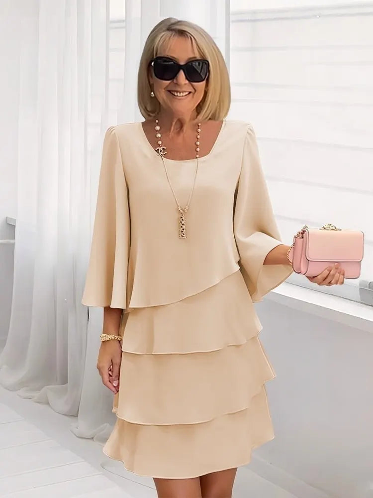 Solid Color Round Neck Layered Flared Sleeve Dress