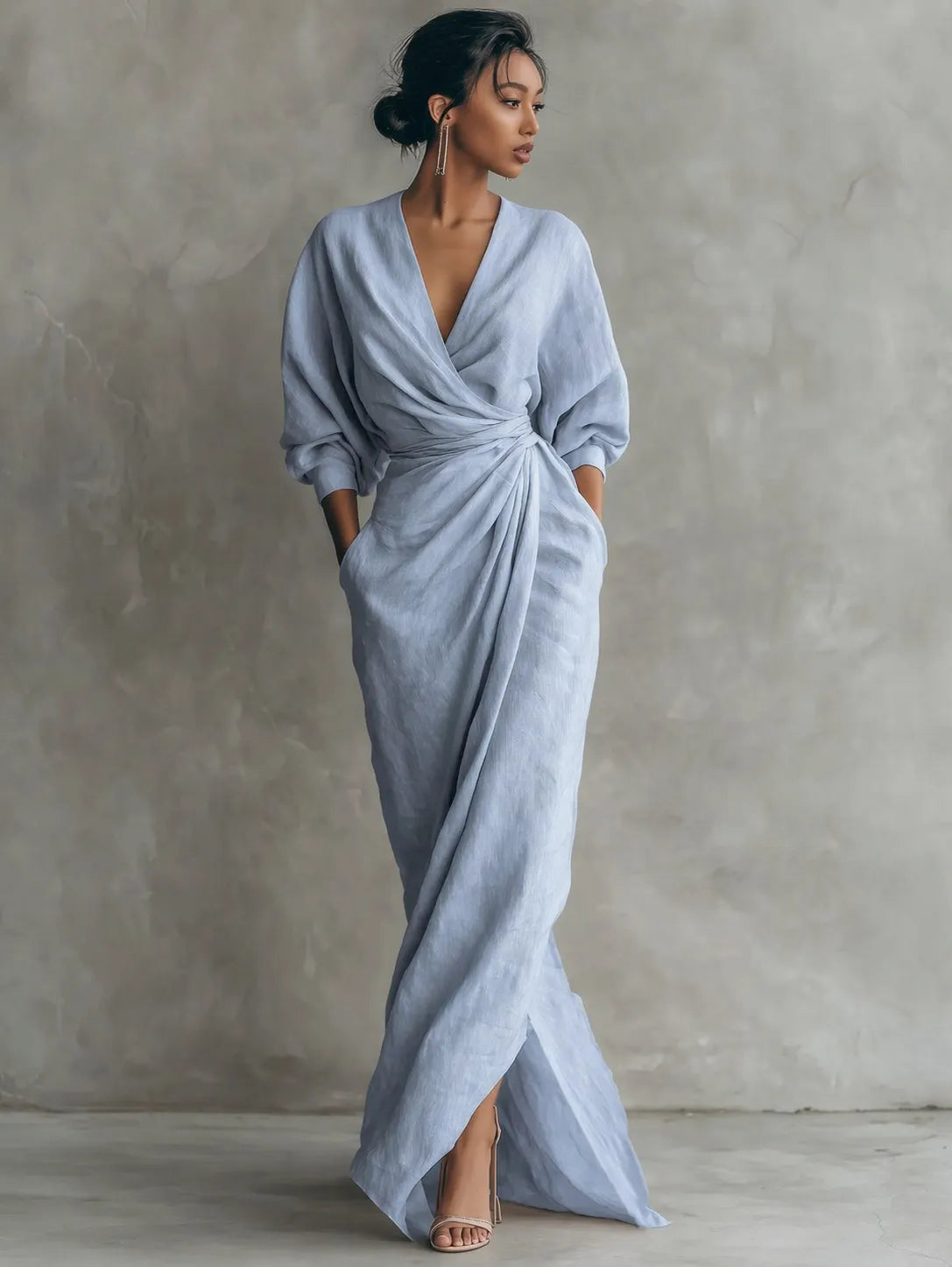 Wrap V Neck Long Sleeve Tie Waist Linen Maxi Dress