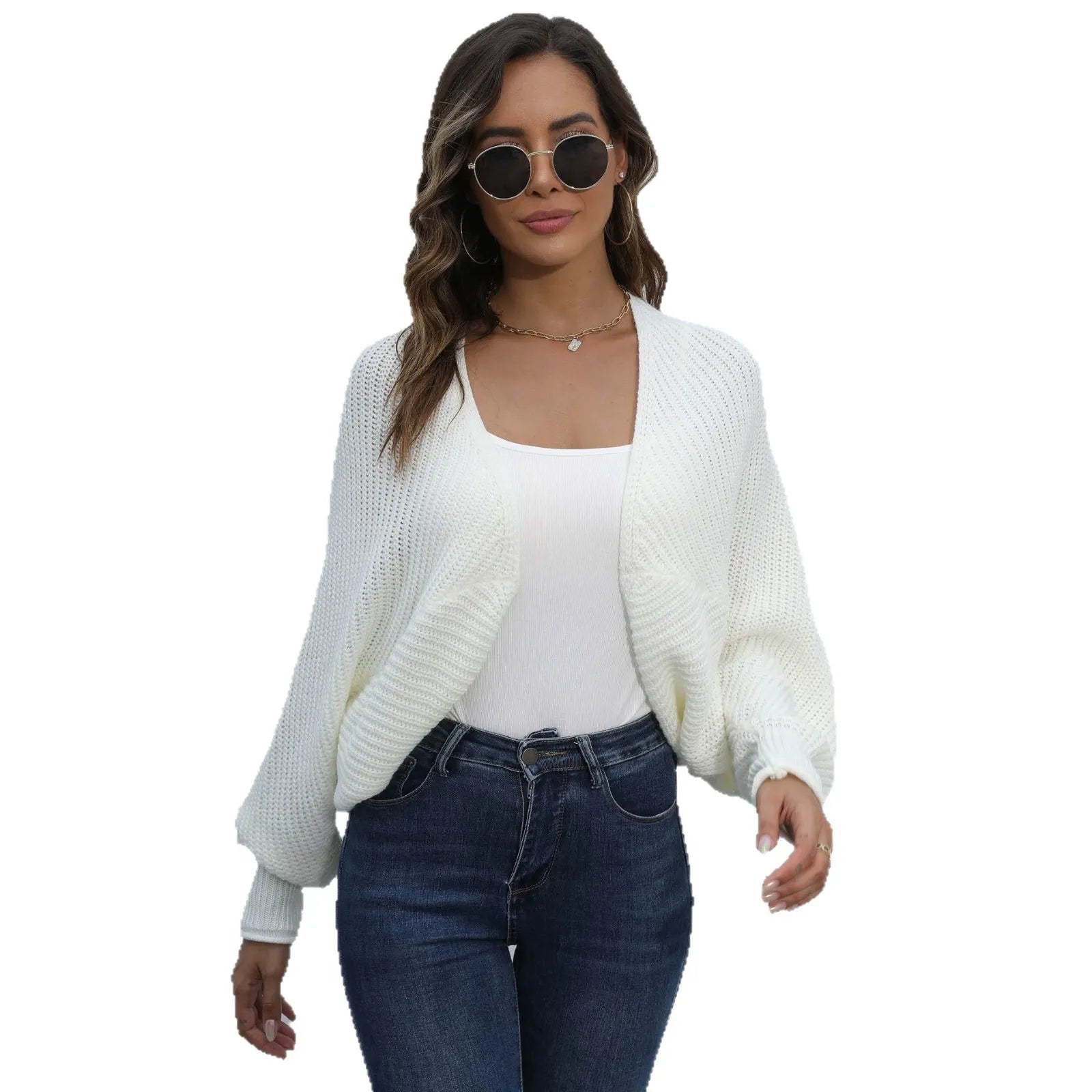 Open Front Drop Shoulder Batwing Sleeve Casual Sweater Cover Up