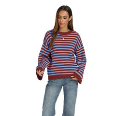 Bold Stripe Knit Pullover Crew Neck Drop Shoulder Loose Fit Fall Sweater