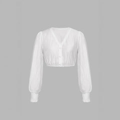 V-Neck Lace Trim Puff Long Sleeve Cropped Button Down Blouse