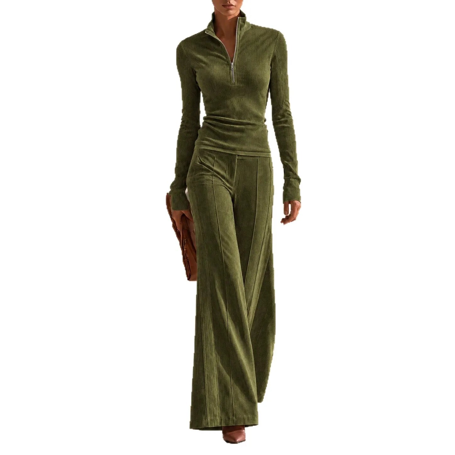 Ribbed Corduroy Matching Set Long Sleeve Quarter Zip Top High Waist Flare Trousers