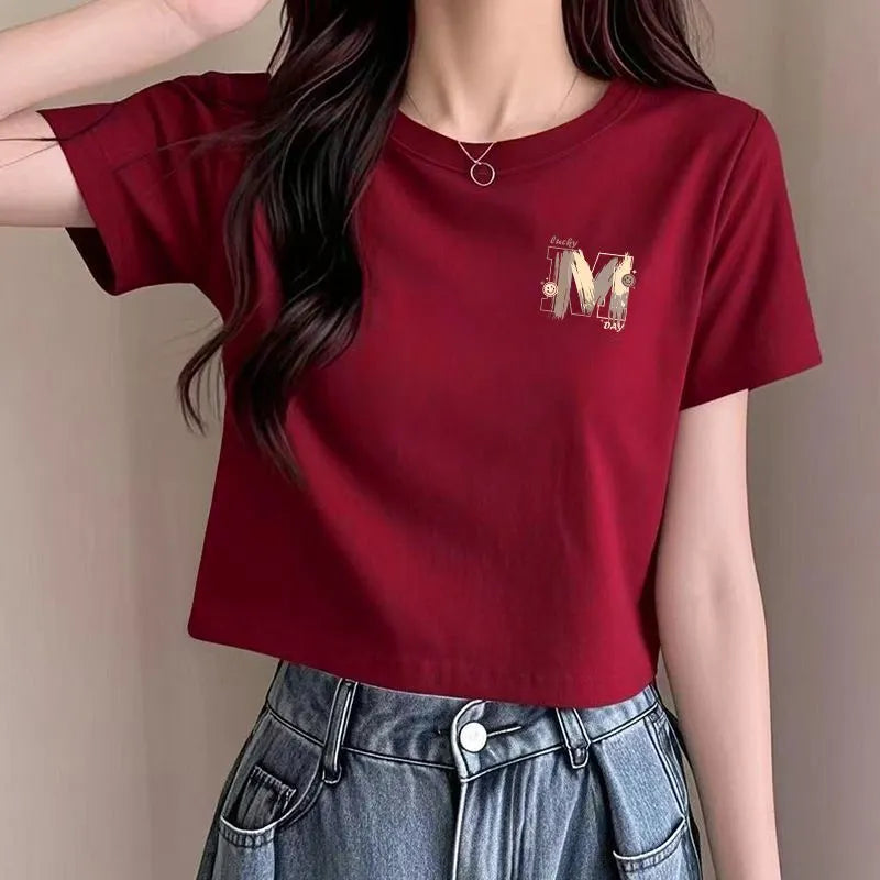 Crew Neck Letter M Print Slim Cropped Short Sleeve Cotton T-shirt