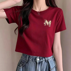 Crew Neck Letter M Print Slim Cropped Short Sleeve Cotton T-shirt