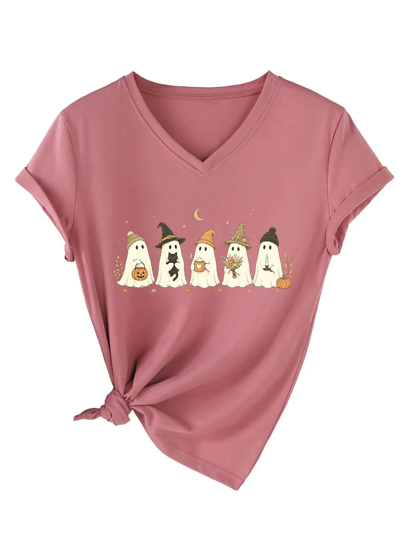 Cute Fall Ghosts Halloween V‑Neck T‑Shirt