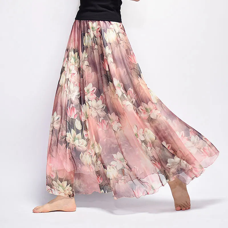 Floral Print Chiffon Maxi Skirt High Waist Flowy A-Line Skirt