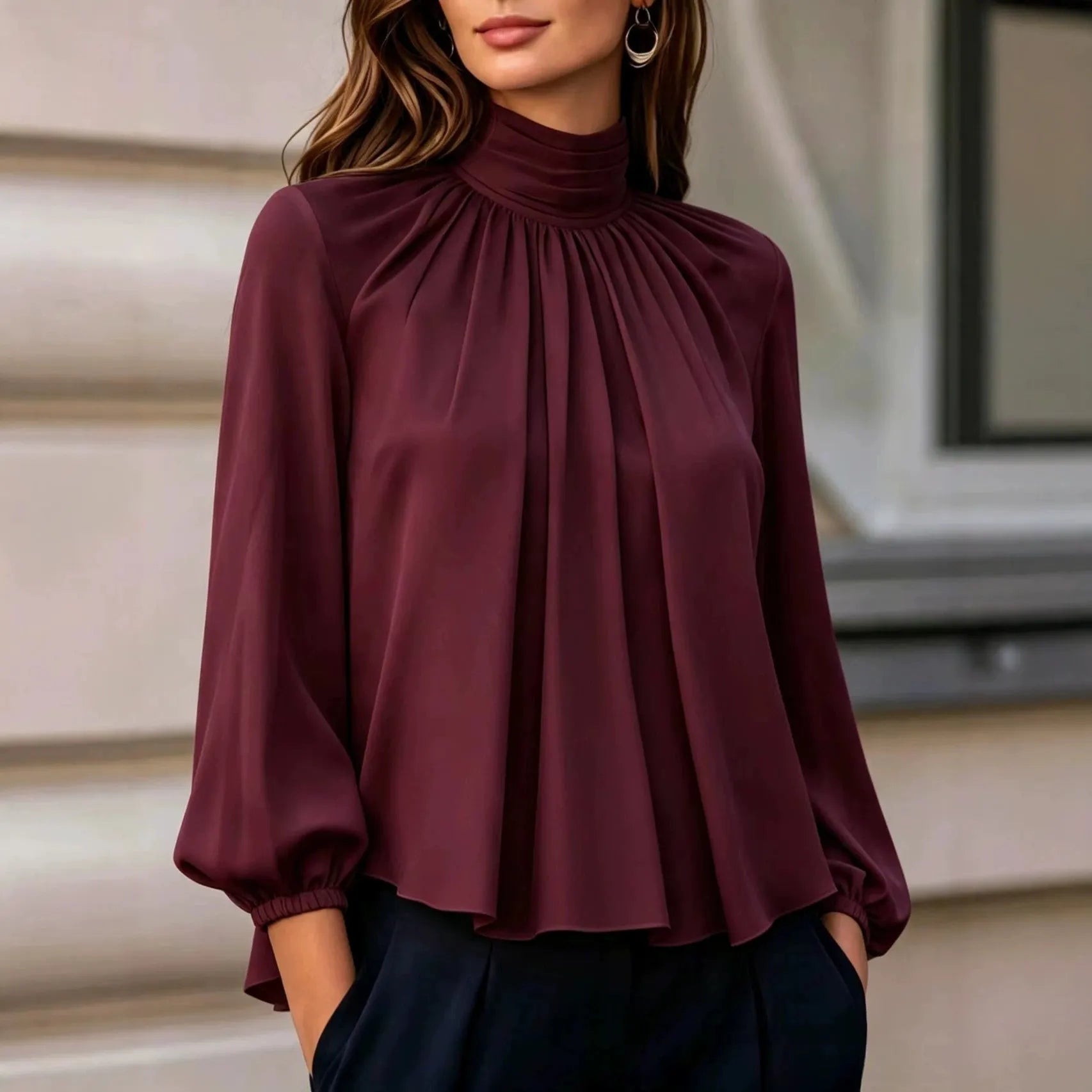 Mock Neck Pleated Chiffon Blouse Long Puff Sleeve Elegant Loose Work Shirt