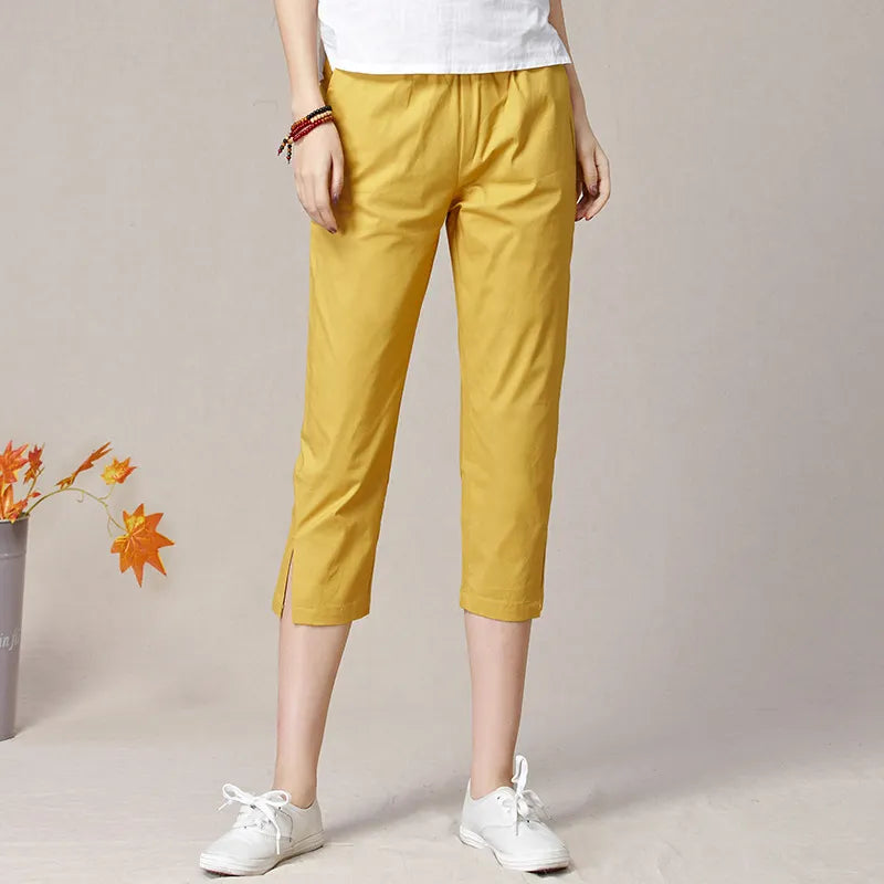 Mid Waist Elastic Waist Split Hem Straight Cropped Commuter Casual Pants