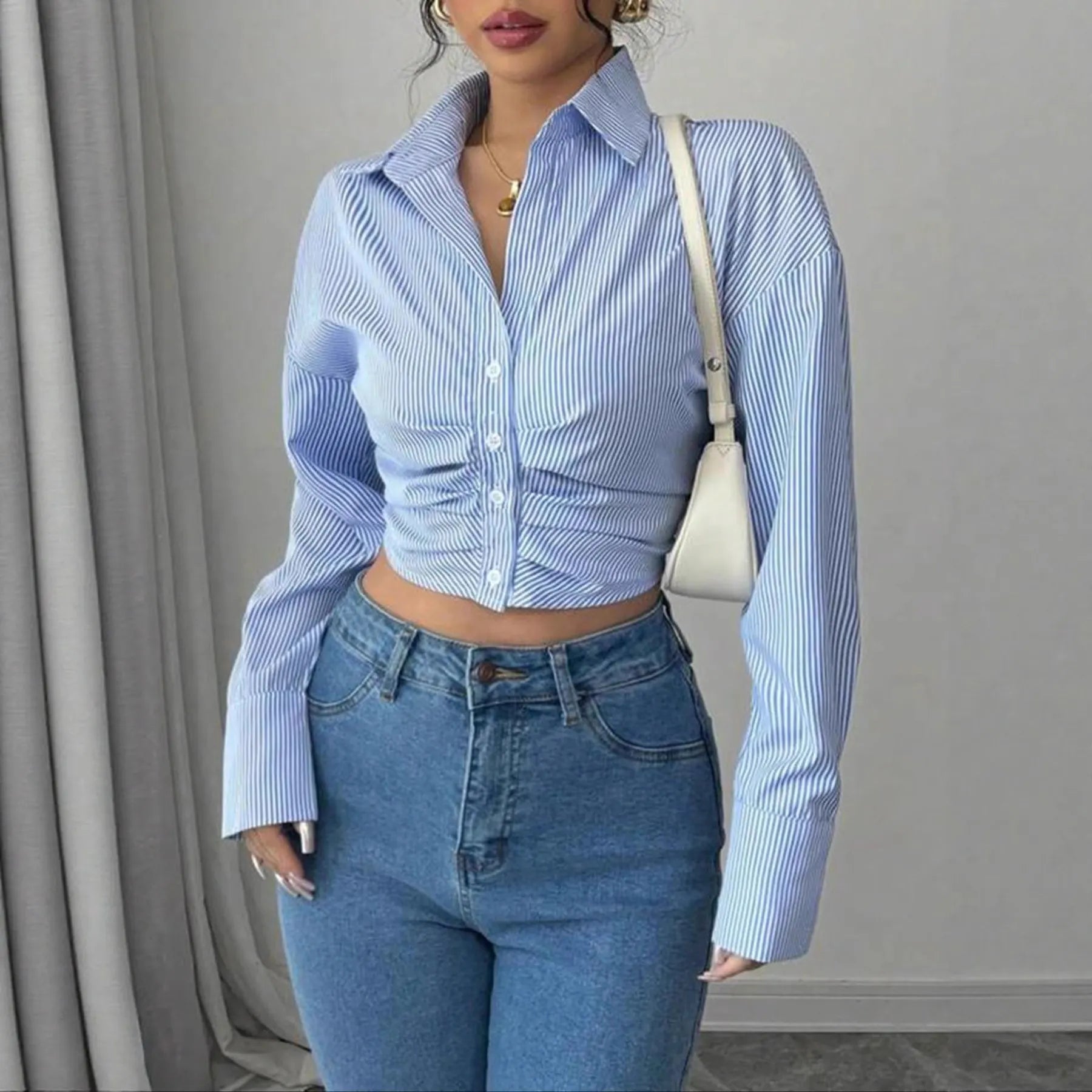 Striped Ruched Cropped Button Down Shirt