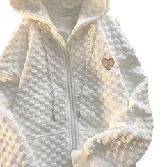 Waffle Textured Grid Heart Patch Zip Up Hoodie Loose Casual Sweatshirt