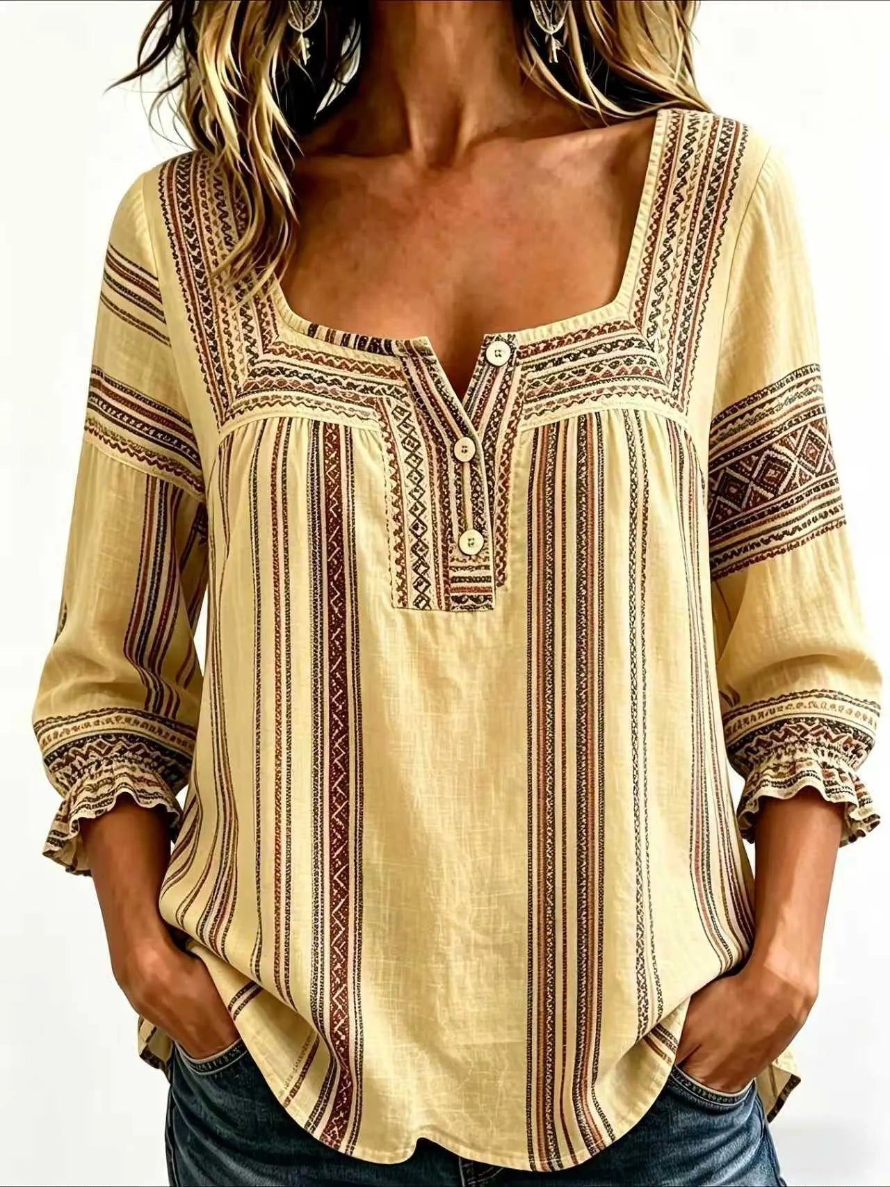 Plaid Square Neck Button Front Bubble 7/4 Sleeve Loose Casual Blouse