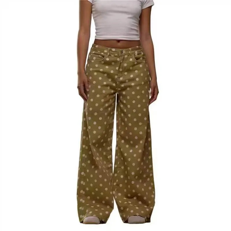 Polka Dot High Waist Straight Wide Leg Pants