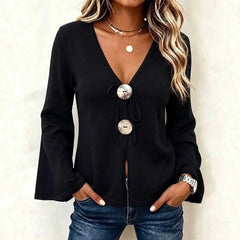 V-Neck Knit Cardigan, Large Button Tie Front Flare Long Sleeve Sweater Top