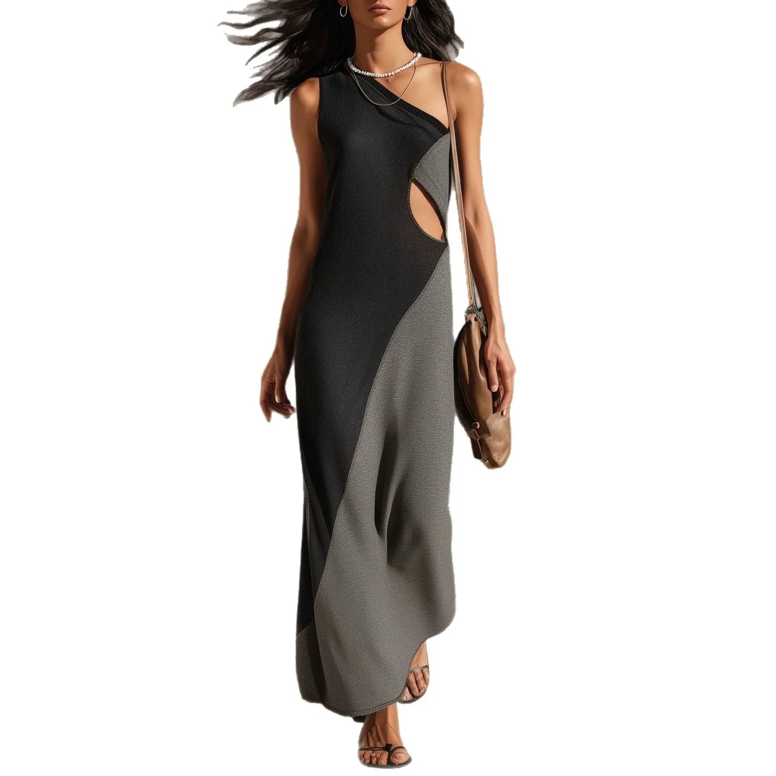 Black & Gray Color-Blocked Asymmetrical One-Shoulder Cutout Maxi Dress