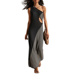 Black & Gray Color-Blocked Asymmetrical One-Shoulder Cutout Maxi Dress