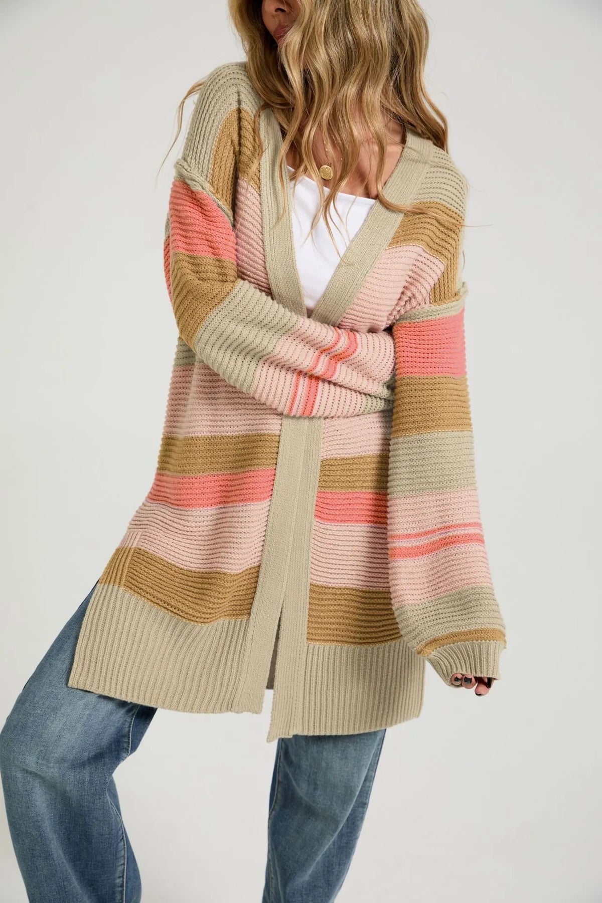 Multi Color Striped Long Open Knit Cardigan Long Sleeve Thumbhole Casual Sweater Coat