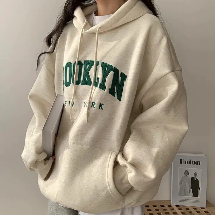 Brooklyn New York Letter Embossed Oversized Pullover Hoodie Casual Loose Sweatshirt