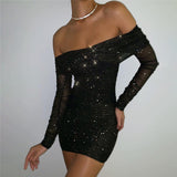 Shimmer Nights Off the Shoulder Glitter Mini Dress