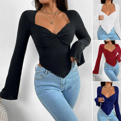 Twist Front Sweetheart Neck Blouse, Flare Long Sleeve Asymmetrical Hem Top (4 Colors)