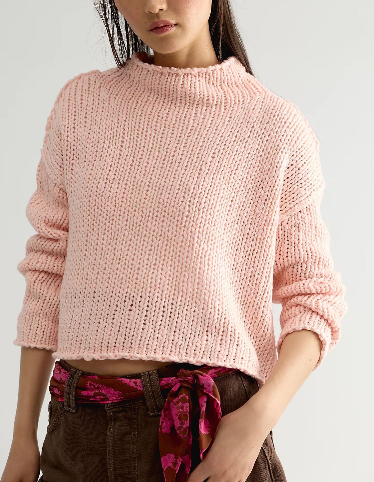 Thick Hand Knit Textured Sweater Crew Neck Long Sleeve Cropped Oversized Top
