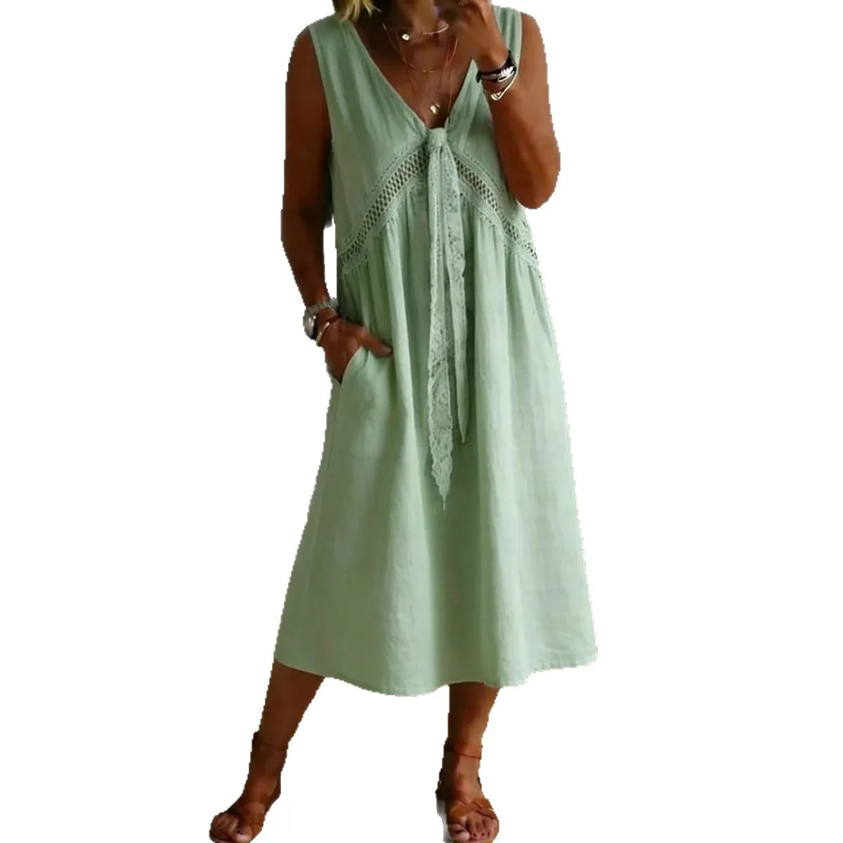 V-Neck Lace Tie Spliced Sleeveless Loose Midi Dress