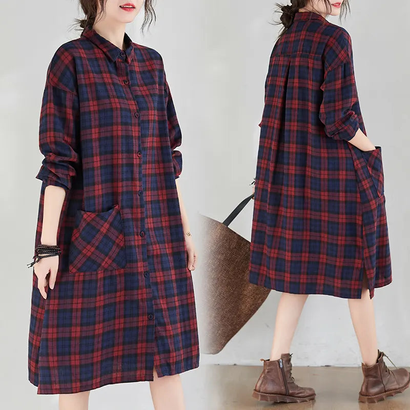 Loose Plaid Cotton Shirt Midi Dress