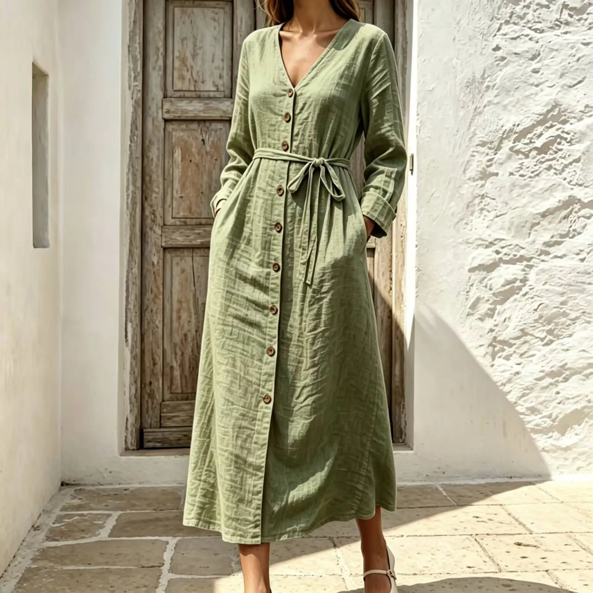 V Neck Long Sleeve Lace-Up Cotton Linen A-Line Maxi Dress