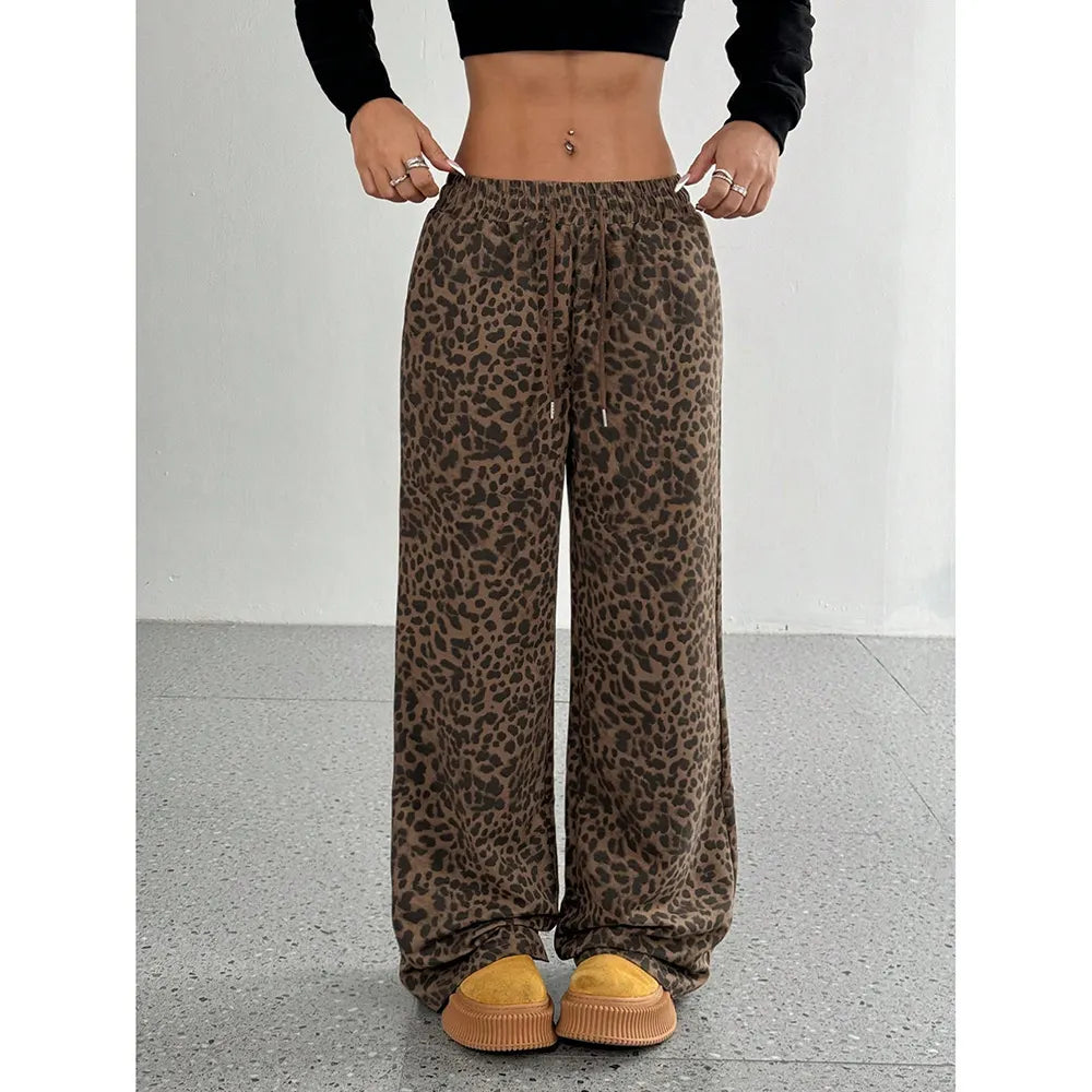 High Waist Leopard Print Straight Wide Leg Pants